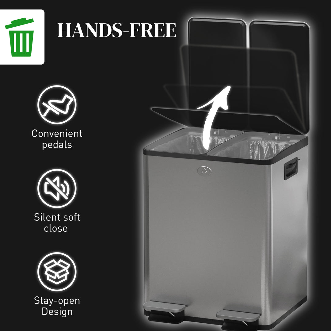 HOMCOM 2 x 20L Pedal Bin, Steel Dual Kitchen Bin with Soft Close Lid, Removable Inner Buckets, Fingerprint-Proof, Silver