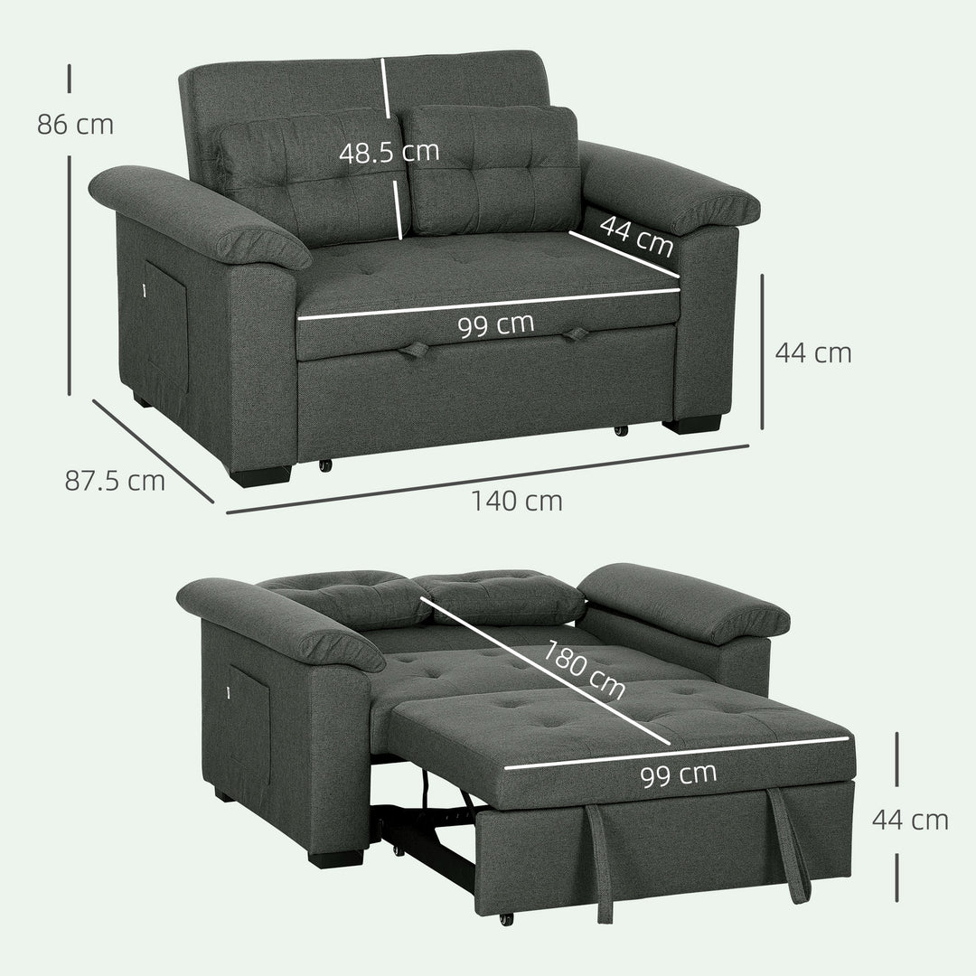 Pull Out Sofa Bed, Fabric 2 Seater Click Clack Sofa Bed Settee with 2 Pocket Springs, Convertible Sofa Couch with Pillows and Side Pockets for Living Room, Home Office, Charcoal Grey