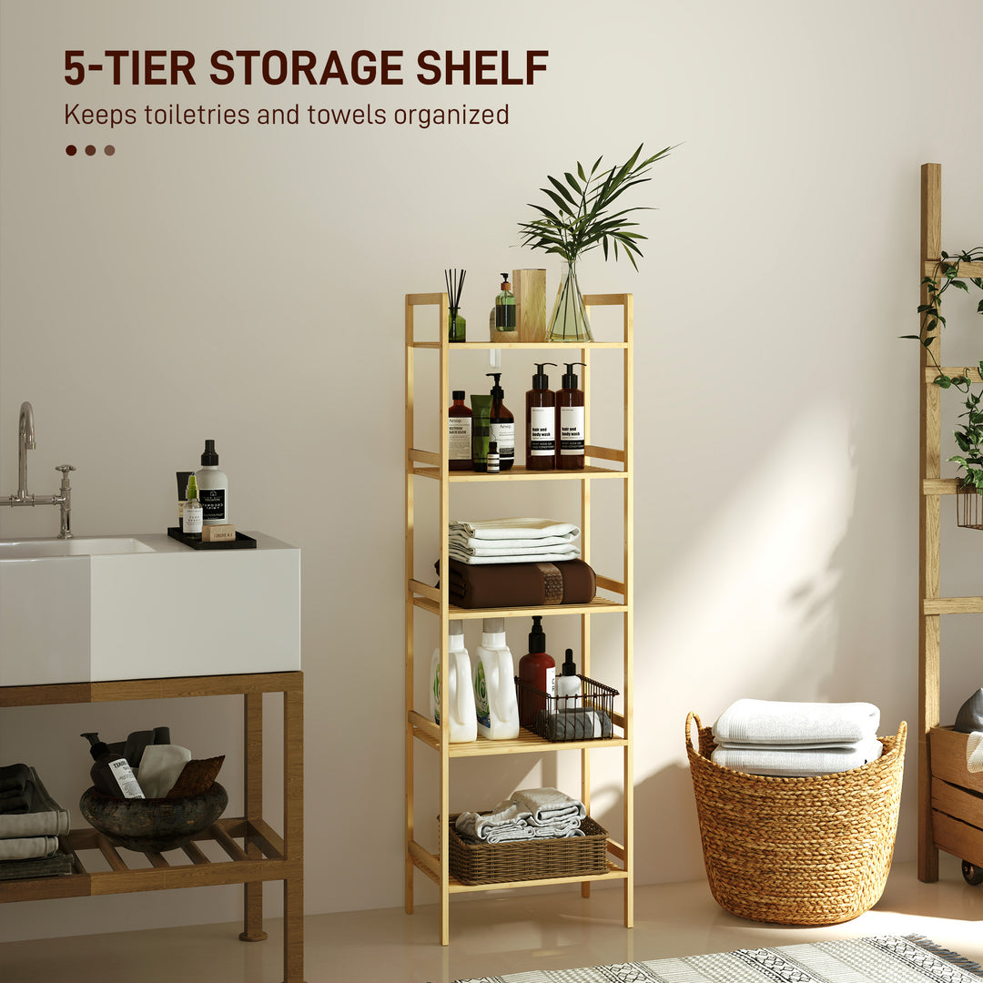 5-Tier Bamboo Bathroom Storage Shelf, Freestanding Shelving Unit with Adjustable Rack for Kitchen Bathroom Living Room, Natural Wood Finish