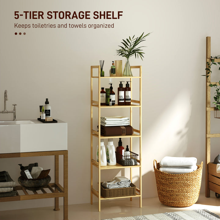 5-Tier Bamboo Bathroom Storage Shelf, Freestanding Shelving Unit with Adjustable Rack for Kitchen Bathroom Living Room, Natural Wood Finish