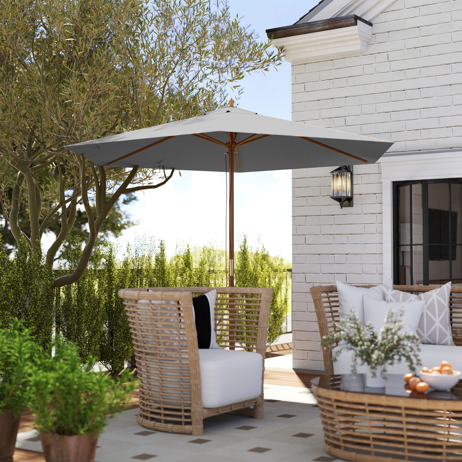 2.5m Wood Garden Parasol Sun Shade Patio Outdoor Wooden Umbrella Canopy, Table Market Umbrella with Vent, 38mm Pole, Rope Pulley Mechanism, Light Grey