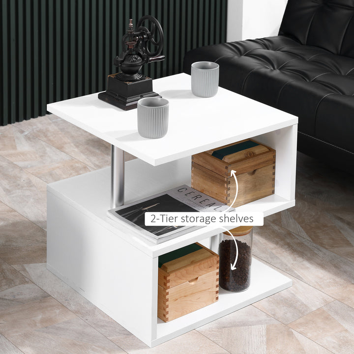 Wooden S Shape Cube Coffee Table 2 Tier Storage Shelves Organiser Office Bookcase Living Room End Desk Stand Display Set of 2 (White)