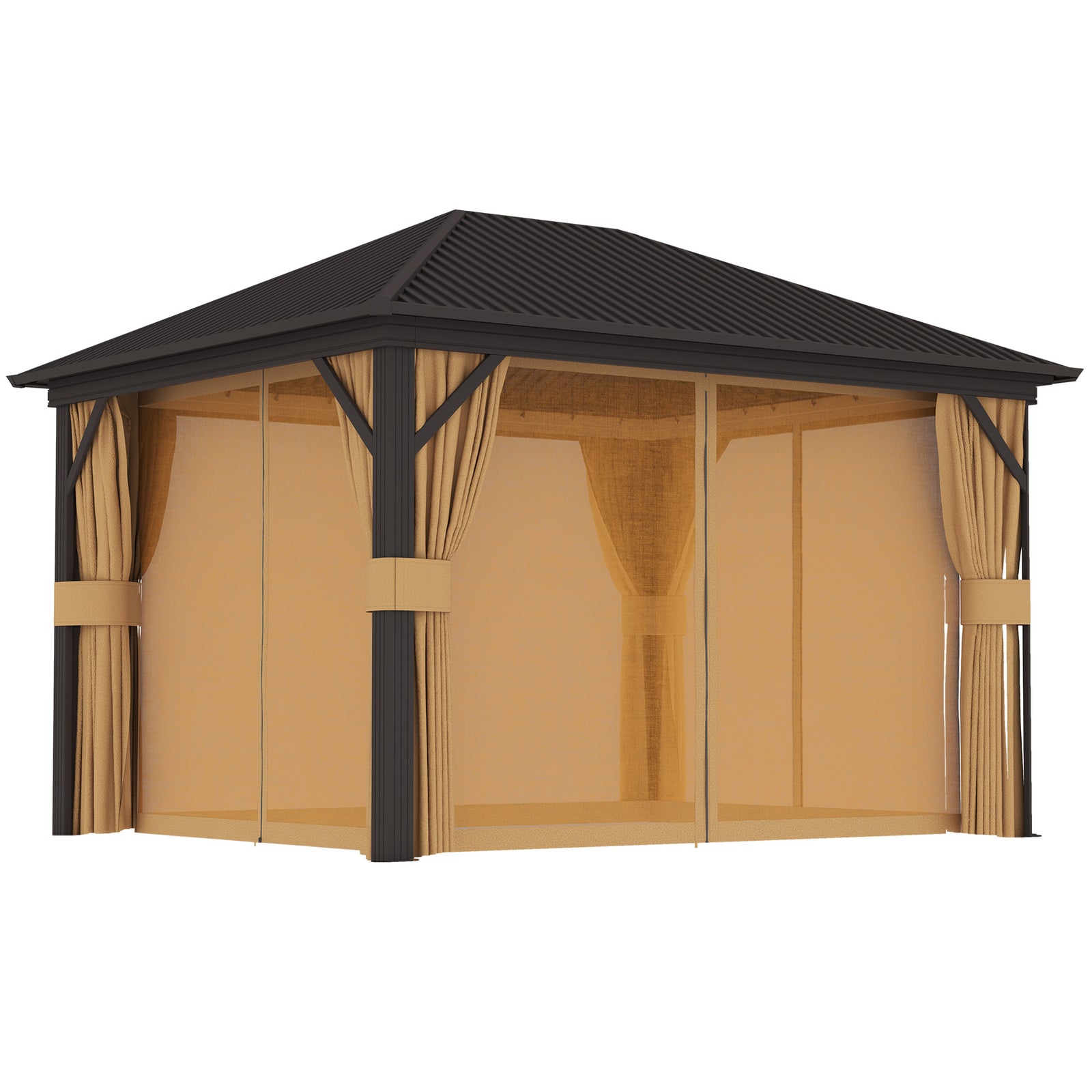 3.6 x 3 m Aluminium Hardtop Gazebo, with Accessories - Brown