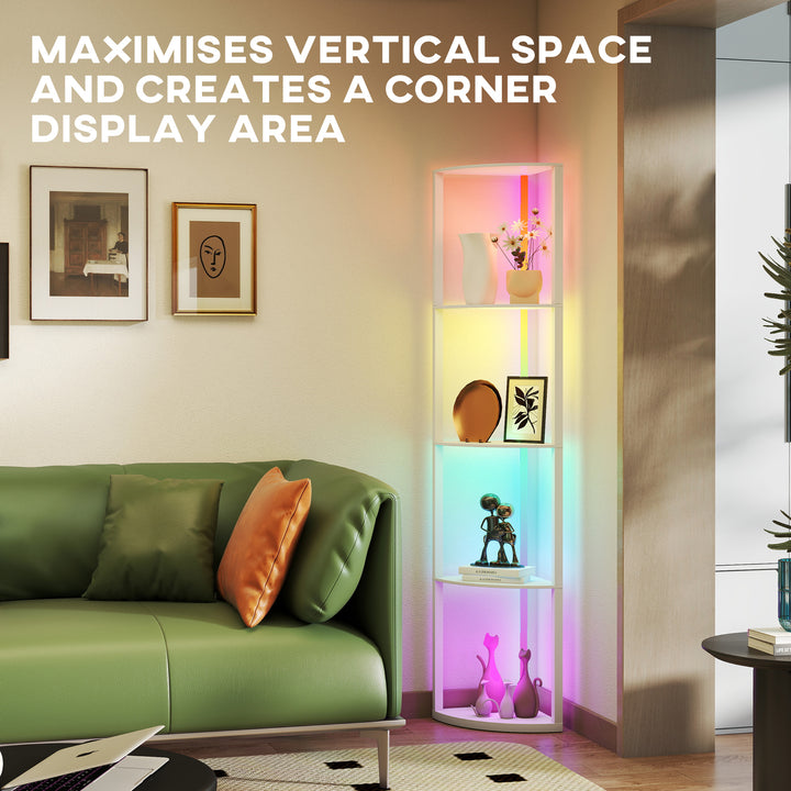 RGB LED Floor Lamp with Shelves, 5-Tier Dimmable Standing Lamp with Adjustable Brightness and Remote Control, Modern Corner Display Shelf Unit for Living Room Bedroom Office, White