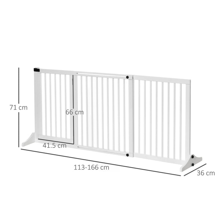 PawHut Adjustable Wooden Pet Gate Freestanding Dog Barrier Fence Doorway 3 Panels Safety Gate w/ Lockable Door White 71H x 113-166W cm | Aosom UK