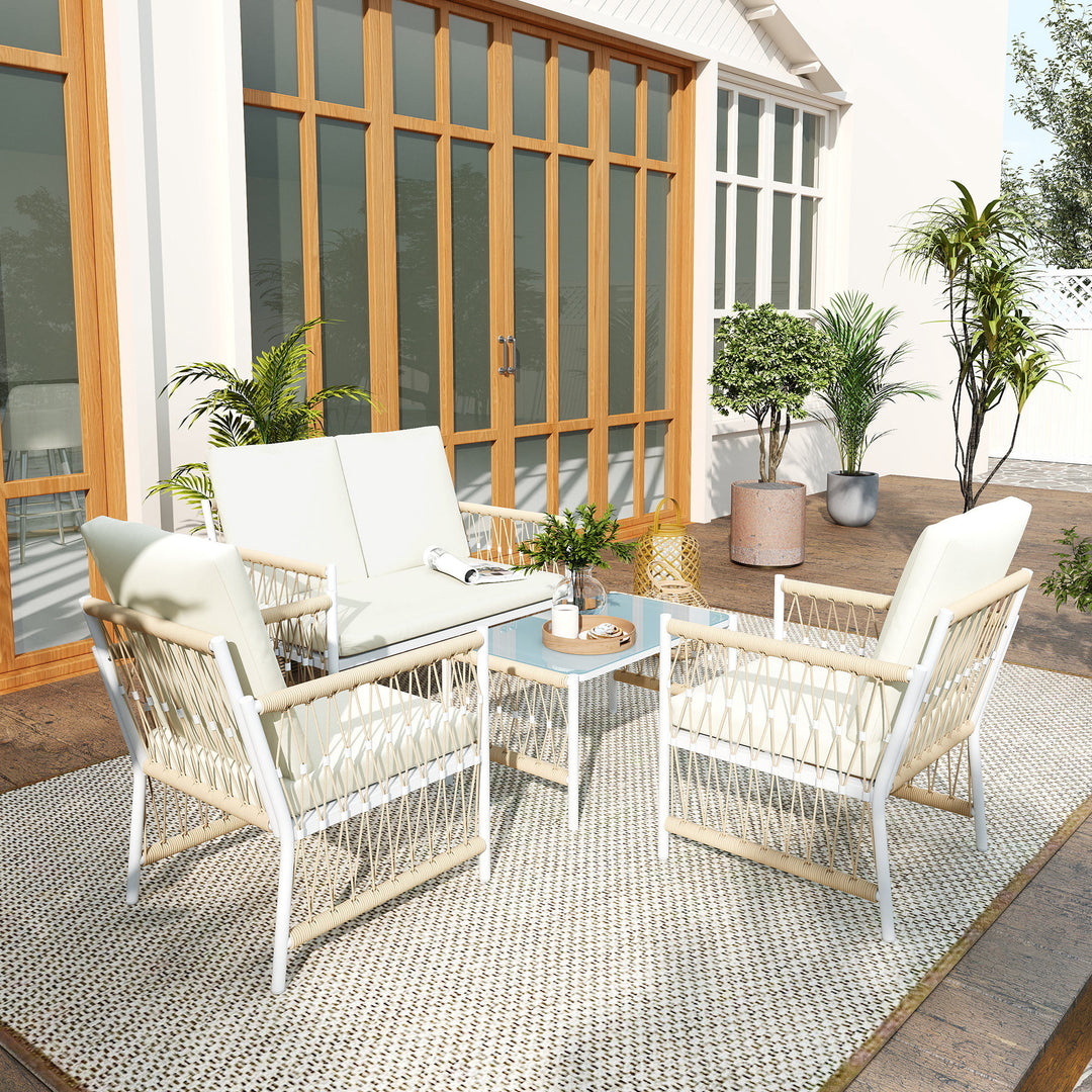 4 Piece Rattan Garden Furniture Set, 4 Seater Wicker Patio Conversation Set with 2 Armchairs, Loveseat, Glass Top Coffee Table and Cushions for Outdoor, Balcony, Khaki