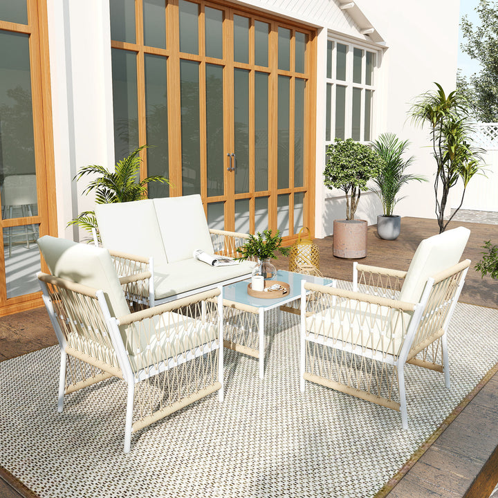 4 Piece Rattan Garden Furniture Set, 4 Seater Wicker Patio Conversation Set with 2 Armchairs, Loveseat, Glass Top Coffee Table and Cushions for Outdoor, Balcony, Khaki