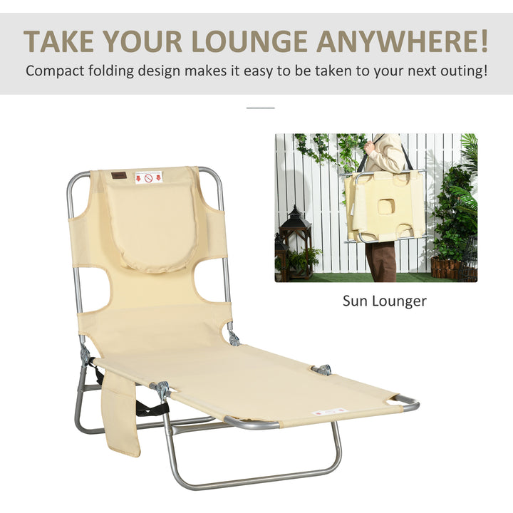 Foldable Sun Lounger, Beach Chaise Lounge with Reading Hole, Arm Slots, 5-Position Adjustable Backrest, Side Pocket, Pillow for Garden, Beach, Pool, Beige