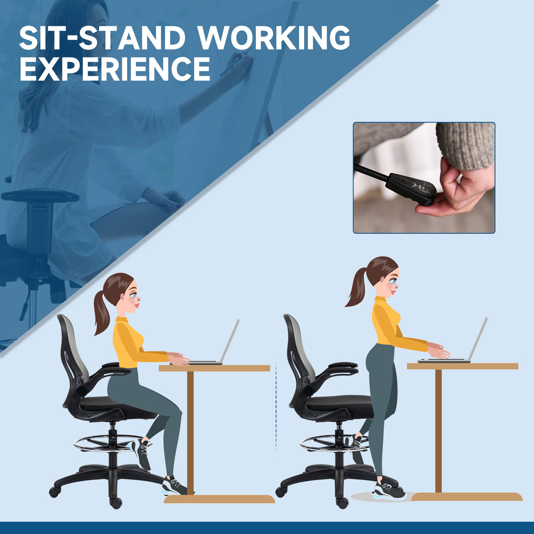 Adjustable Mesh Standing Desk Chair with Flip-up Armrests Lumbar Support Armrests Adjustable Footrest Ring, Dark Grey