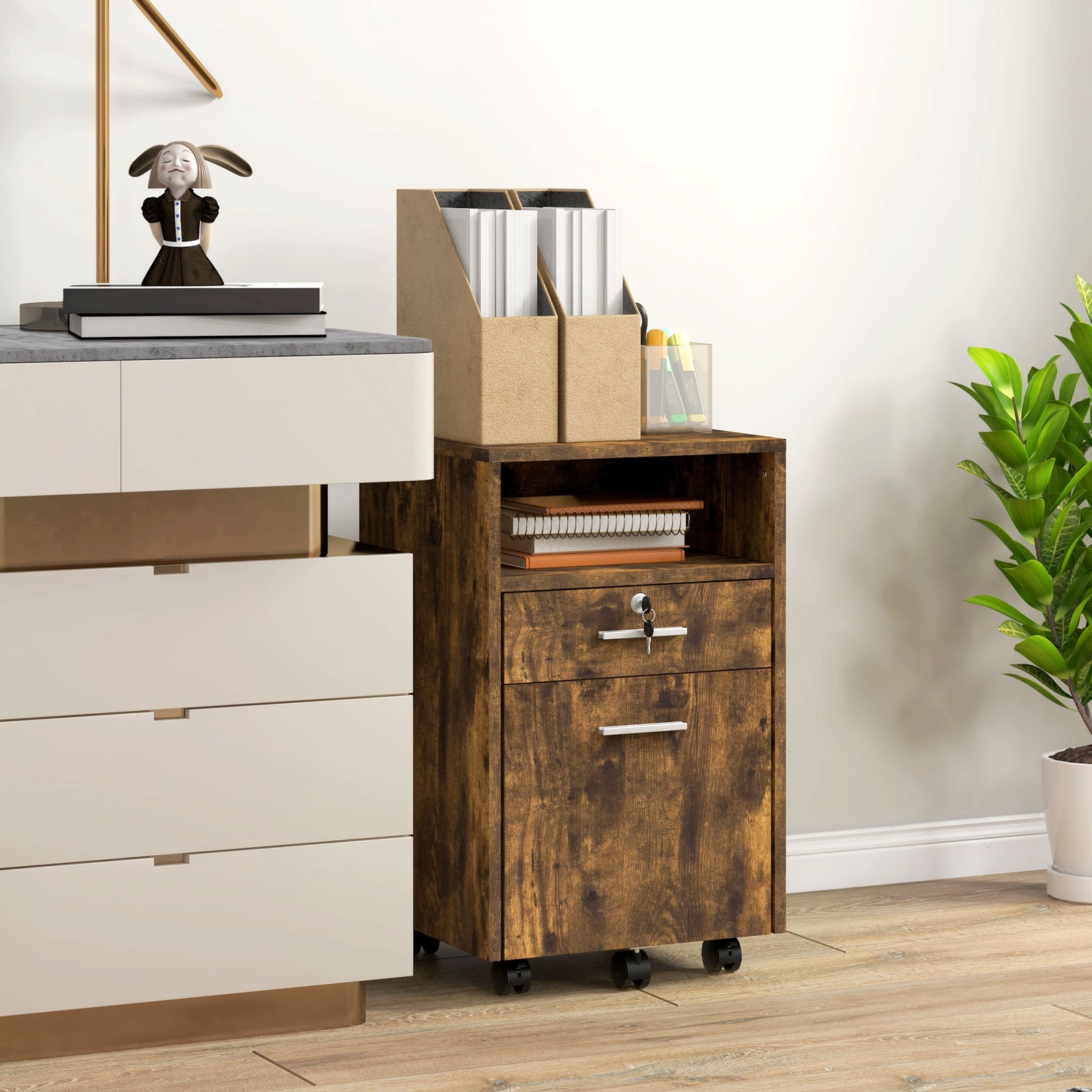 Lockable Two-Drawer Filing Cabinet, with Wheels - Wood-Effect