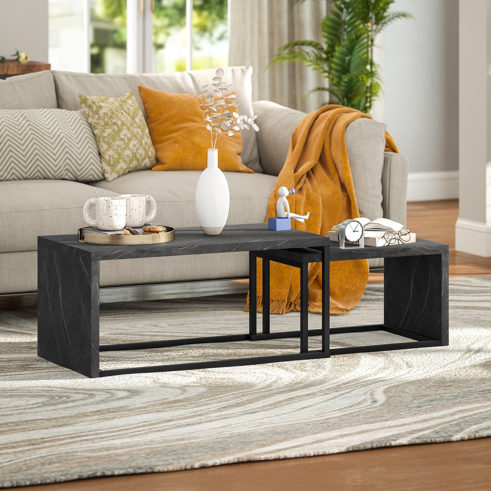 Coffee Tables Set of 2, Industrial Nest of Tables with Metal Frame for Living Room Bedroom, Dark Grey Marble Effect