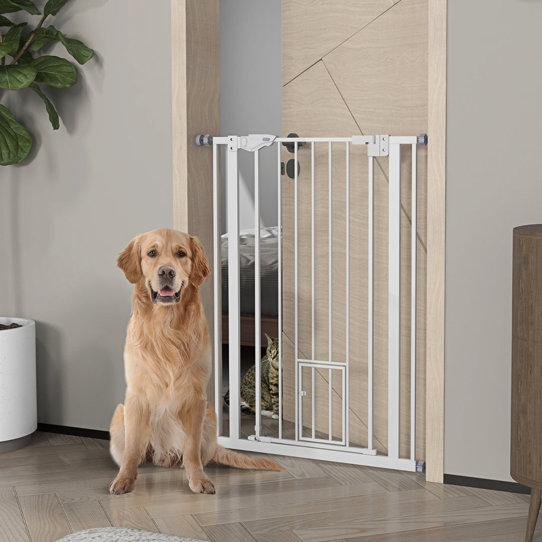 PawHut Extra Tall Pet Gate, Indoor Dog Safety Gate, with Cat Flap, Auto Close, 74-80cm Wide - White | Aosom UK