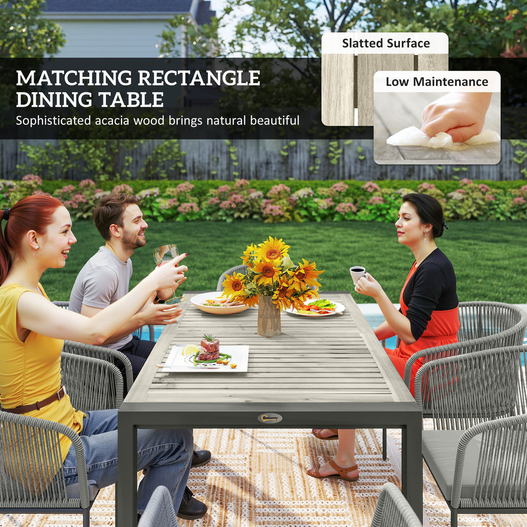 Rattan Dining Set, 6 Seater Rattan Garden Furniture Set with Acacia Wood Top Rectangle Table, 6 Chairs, Washable Seat Cushions, for Outdoor, Patio, Conservatory, Grey