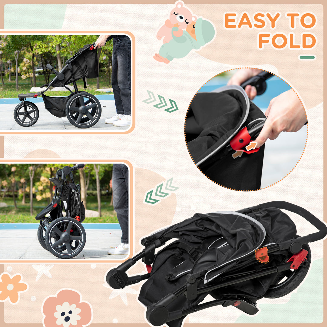 HOMCOM Three Wheeler Pushchair, Lightweight Foldable Running Baby Stroller with Fully Reclining, Adjustable Handlebar Backrest, Sun Canopy Black