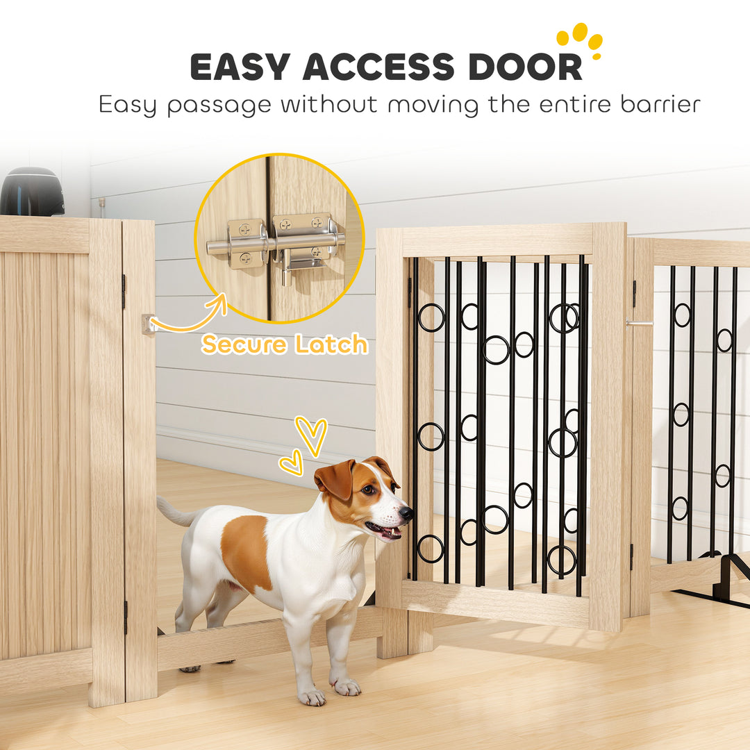 MCL 4 Panel Freestanding Pet Gate, Indoor Dog Barrier with Lockable Door, Support Feet, 360° Flexible Hinges, Oak