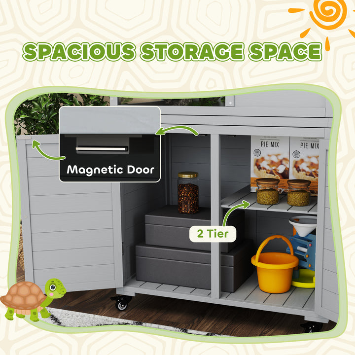 Wooden Tortoise House with Storage Cabinet, Openable Top, Lamp Holder, Windows, Light Grey