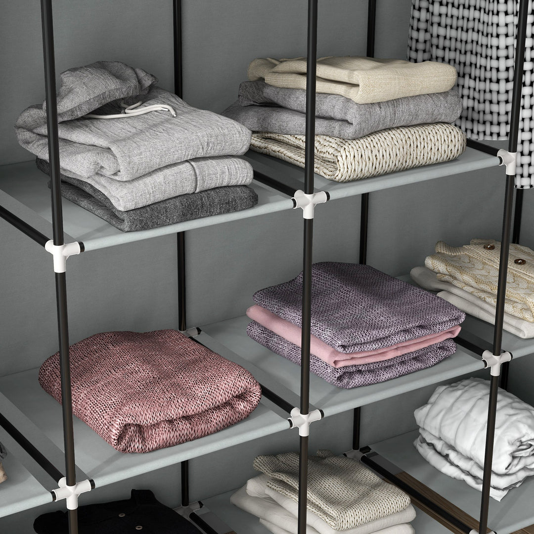 Fabric Wardrobe for Bedroom, Portable Cloth Wardrobe with 10 Compartments, 2 Hanging Rails and 4 Fabric Drawers, 166 x 42.5 x 169.5cm, Dark Grey