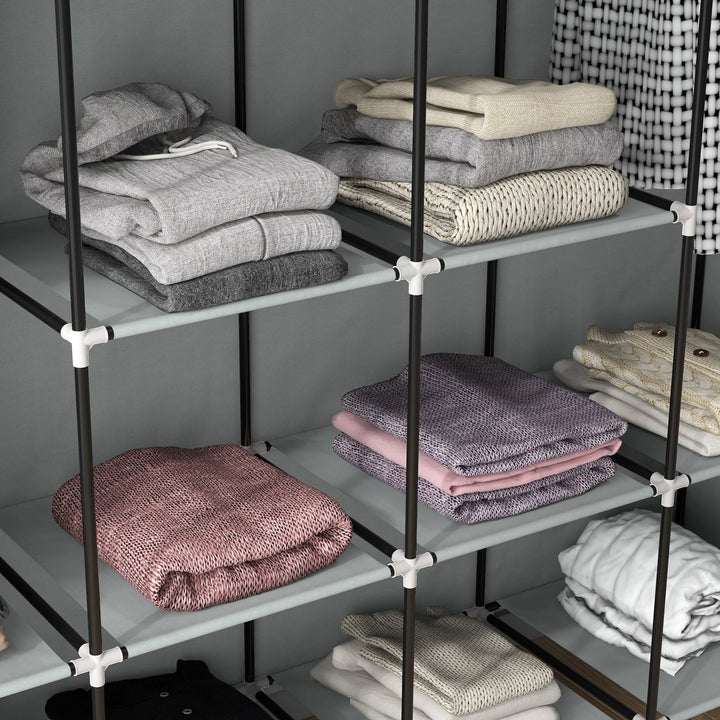 Fabric Wardrobe for Bedroom, Portable Cloth Wardrobe with 10 Compartments, 2 Hanging Rails and 4 Fabric Drawers, 166 x 42.5 x 169.5cm, Dark Grey