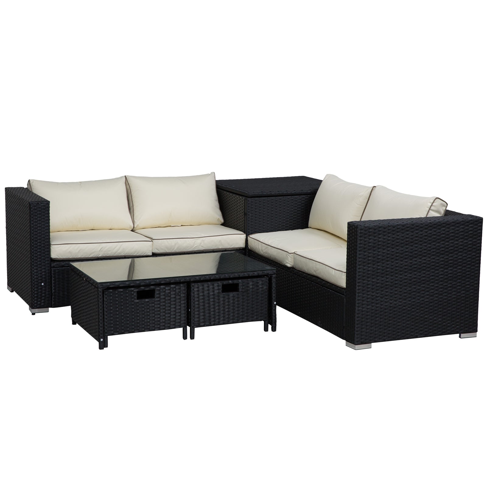 4 Pieces Rattan Garden Furniture Set, 4 Seater Corner Sofa Set with Storage Box, 2 Drawers Coffee Table, Loveseats with Cushions, Wicker Garden Conservatory Furniture for Balcony, Black