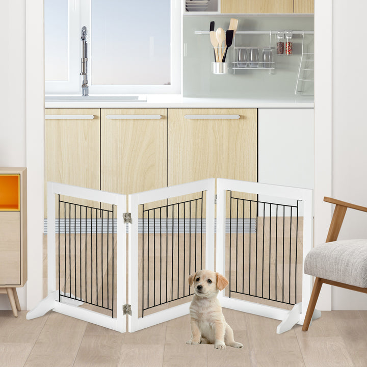 PawHut Dog Gate, Freestanding Pet Gate, Wooden Puppy Fence Foldable Design w/ 61 cm Height 3 Panels, 2 Support Feet, Doorway Stairs White | Aosom UK