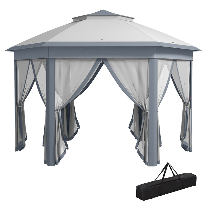 MCL 3 x 4m Metal Frame Hexagon Gazebo, with Curtains - Grey