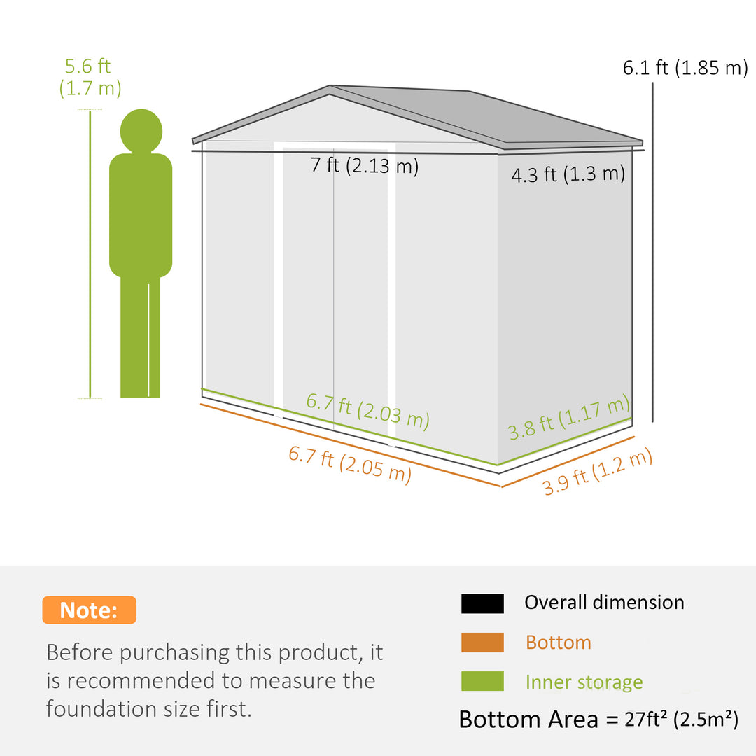 MCL 7ft x 4ft Lockable Garden Metal Storage Shed Storage Roofed Tool Metal Shed w/ Air Vents Steel Grey