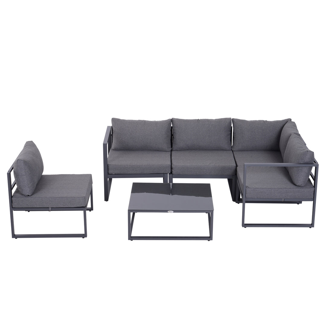 6 PCs Outdoor Indoor Sectional Corner Sofa Set Thick Padded Cushions Aluminium Frame 5 Seaters 1 Coffee Table Grey