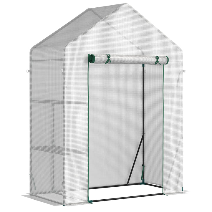 MCL Walk In Greenhouse with 2 Tier Shelf, Portable Gardening Plant Grow House Tomato Greenhouse with Roll up Zip Panel Door, Reinforced PE Cover, 143 x 73 x 195cm, Green
