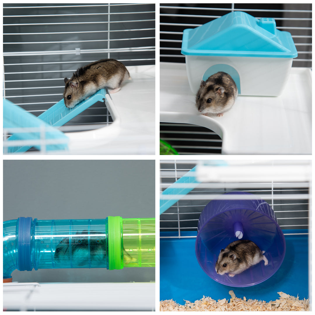MCL 5 Tier Hamster Cage, Gerbil Cage with Tube, Water Bottle, Exercise Wheel, Food Dish, 59L x 36W x 69H cm - Blue