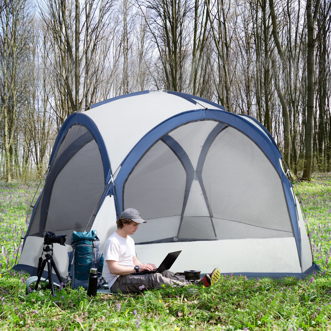 MCL Dome Tent for 6-8 Person, Camping Tent with 4 Zipped Mesh Doors, Removable Oxford Cloth, Lamp Hook, Portable Carry Bag, White and Blue