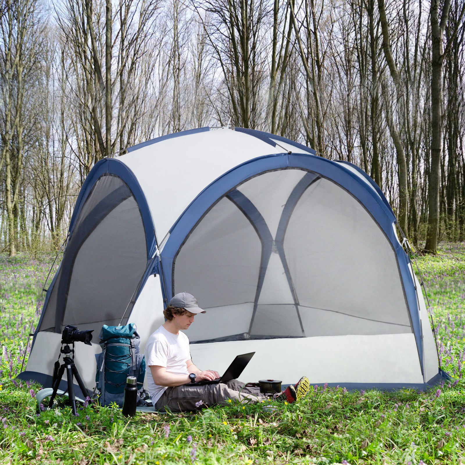 Dome Tent for 6-8 Person, Camping Tent with 4 Zipped Mesh Doors, Removable Oxford Cloth, Lamp Hook, Portable Carry Bag, White and Blue