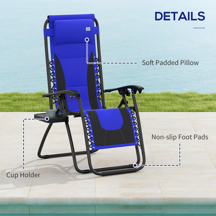 Zero Gravity Lounger Chair Set of 2, Folding Reclining Patio Chair with Padded Seat, Cup Holder, Soft Cushion and Headrest for Poolside, Camping, Blue