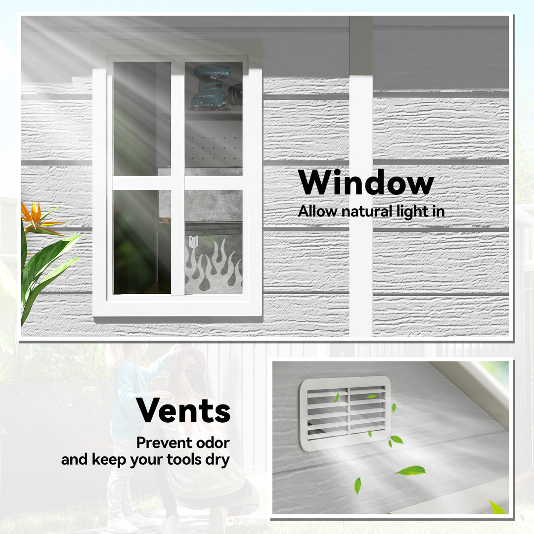 6 x 5ft Garden Shed, Plastic Shed with Floor, Window, Lockable Doors and Vents, Wood Effect Resin Tool Shed for Outdoor Patio, Light Grey