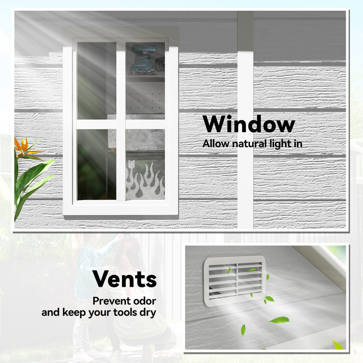 6 x 5ft Garden Shed, Plastic Shed with Floor, Window, Lockable Doors and Vents, Wood Effect Resin Tool Shed for Outdoor Patio, Light Grey