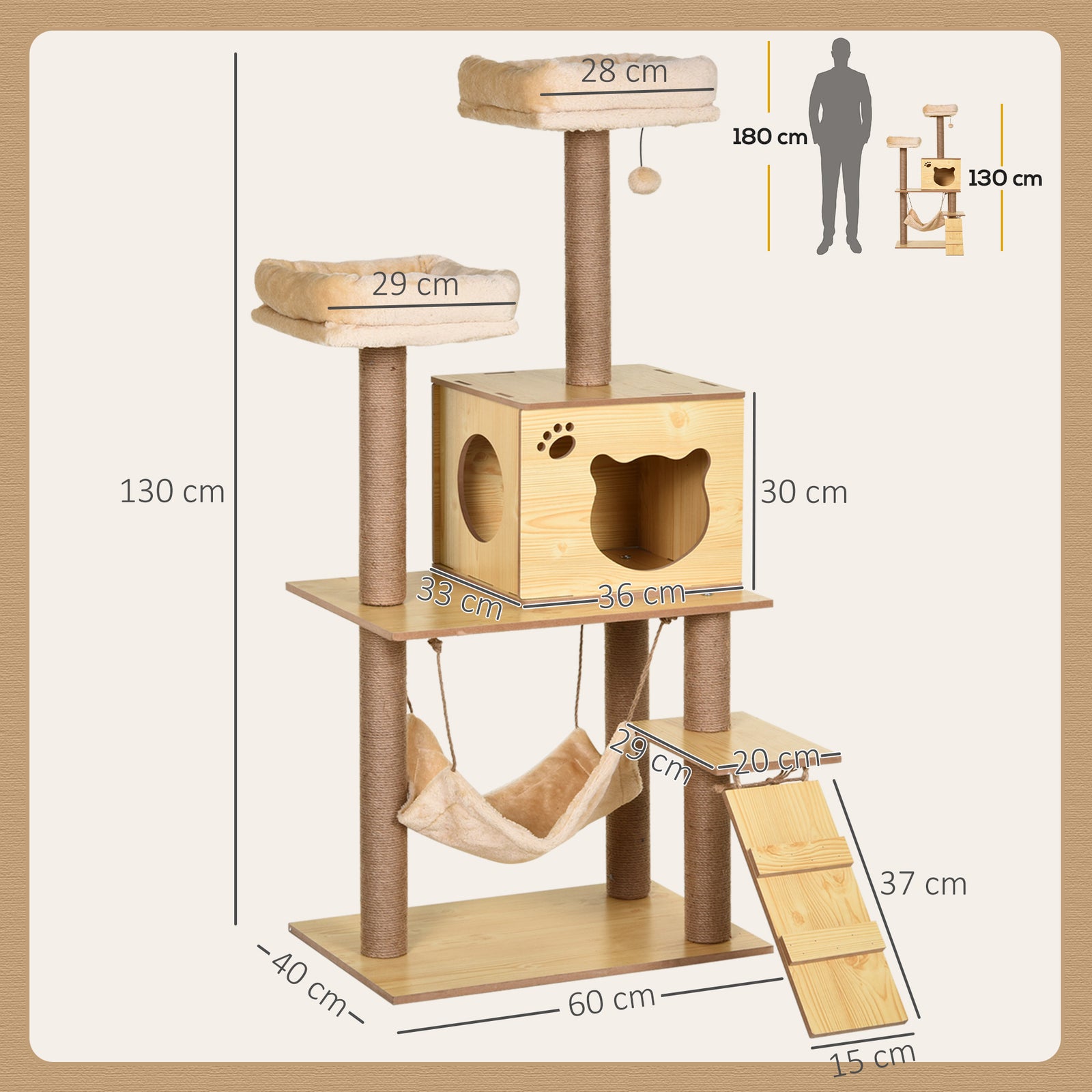 130cm Cat Tree for Indoor Cats, Multi-Level Plush Cat Tower, with Five