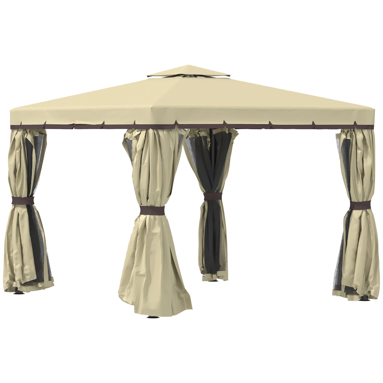 3 x 3(m) Patio Gazebo Canopy Garden Pavilion Tent Shelter with 2 Tier Water Repellent Roof, Mosquito Netting and Curtains, Aluminium Frame, Beige