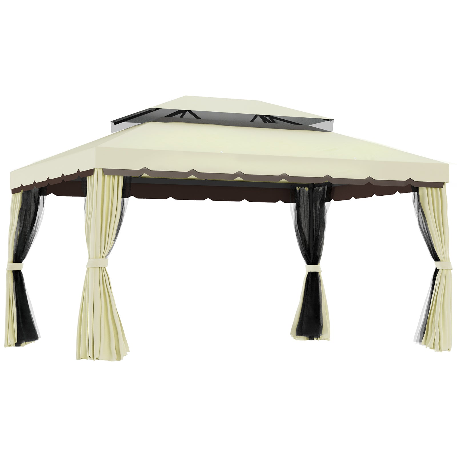 4 x 3 m Aluminum Garden Gazebo, Double Roof Outdoor Gazebo Canopy Shelter with Netting & Curtains for Garden, Lawn, Backyard and Deck, Cream