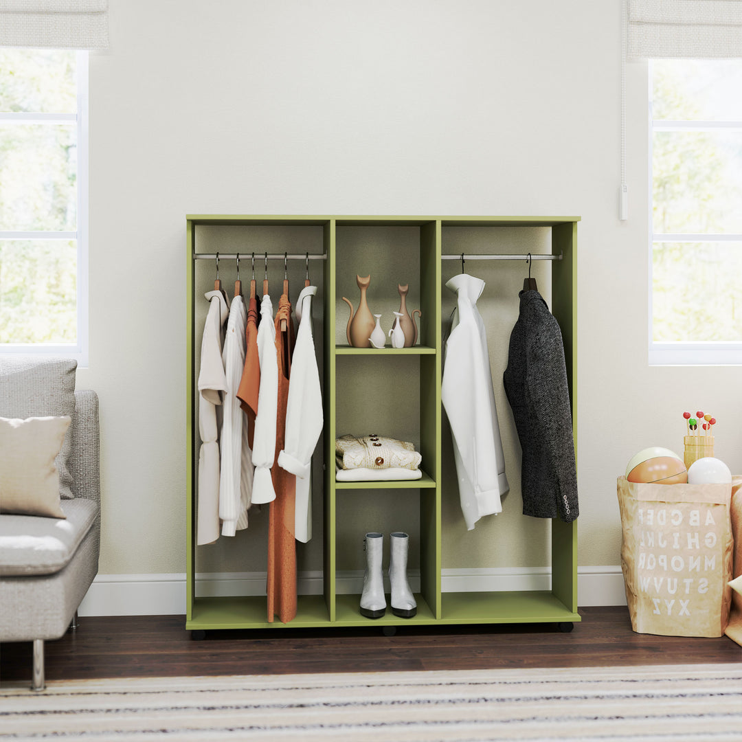 Open Wardrobe Double Mobile Storage Shelves Organizer W/6 Wheels-Green