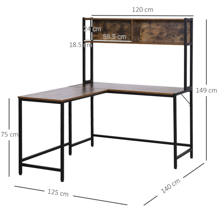 HOMCOM Industrial L-Shaped Work Desk & Storage Shelf Steel Frame Adjustable Feet Corner Workstation Home Office Study Stylish Brown Black | Aosom UK