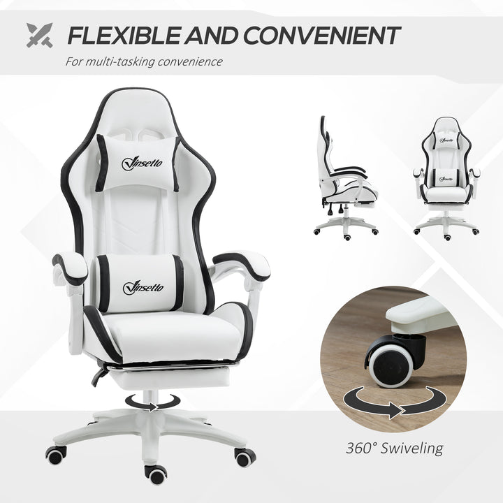 Computer Gaming Chair, PU Leather Office Desk Chair with Footrest, Swivel Wheels, 135° Reclining Back, Lumbar Support, Headrest for Home, White and Black