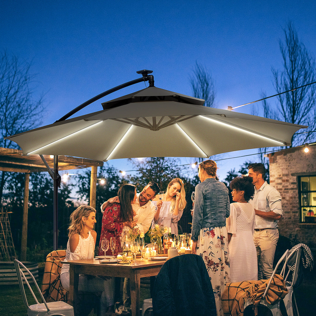MCL 3(m) Cantilever Banana Parasol Hanging Umbrella with Double Roof, LED Solar lights, Crank, 8 Sturdy Ribs and Cross Base for Outdoor, Garden, Patio, Light Grey