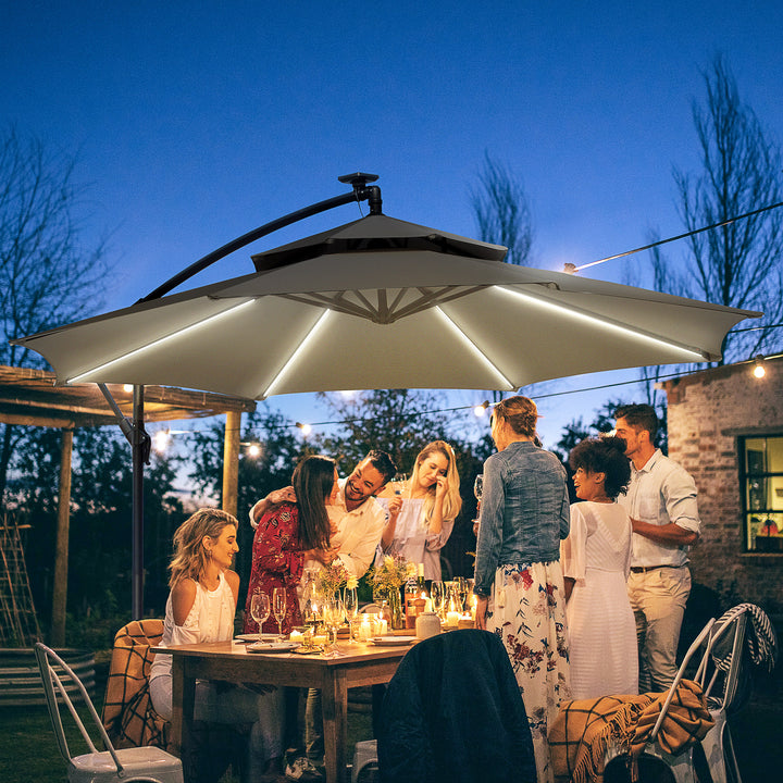 3(m) Cantilever Banana Parasol Hanging Umbrella with Double Roof, LED Solar lights, Crank, 8 Sturdy Ribs and Cross Base for Outdoor, Garden, Patio, Light Grey