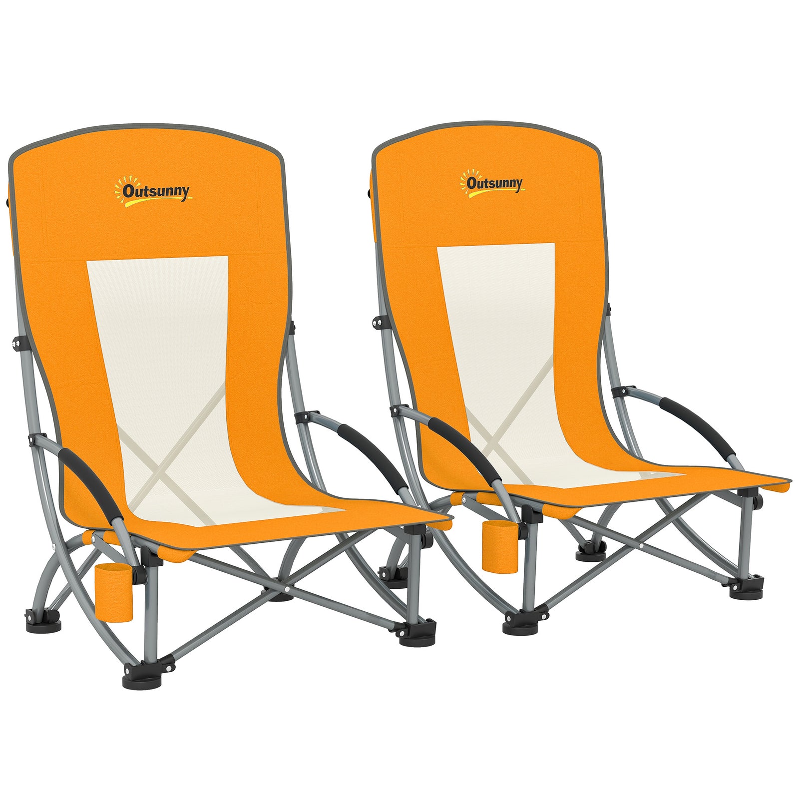 Set of 2 Folding Beach Chair, Low Camping Chair with Mesh Back, Carry Bag and Cup Holder for Garden Outdoor Picnic Festival Travel, Orange