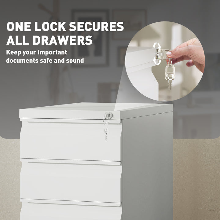3-Drawer Steel Filing Cabinet with Lock and Wheels - White