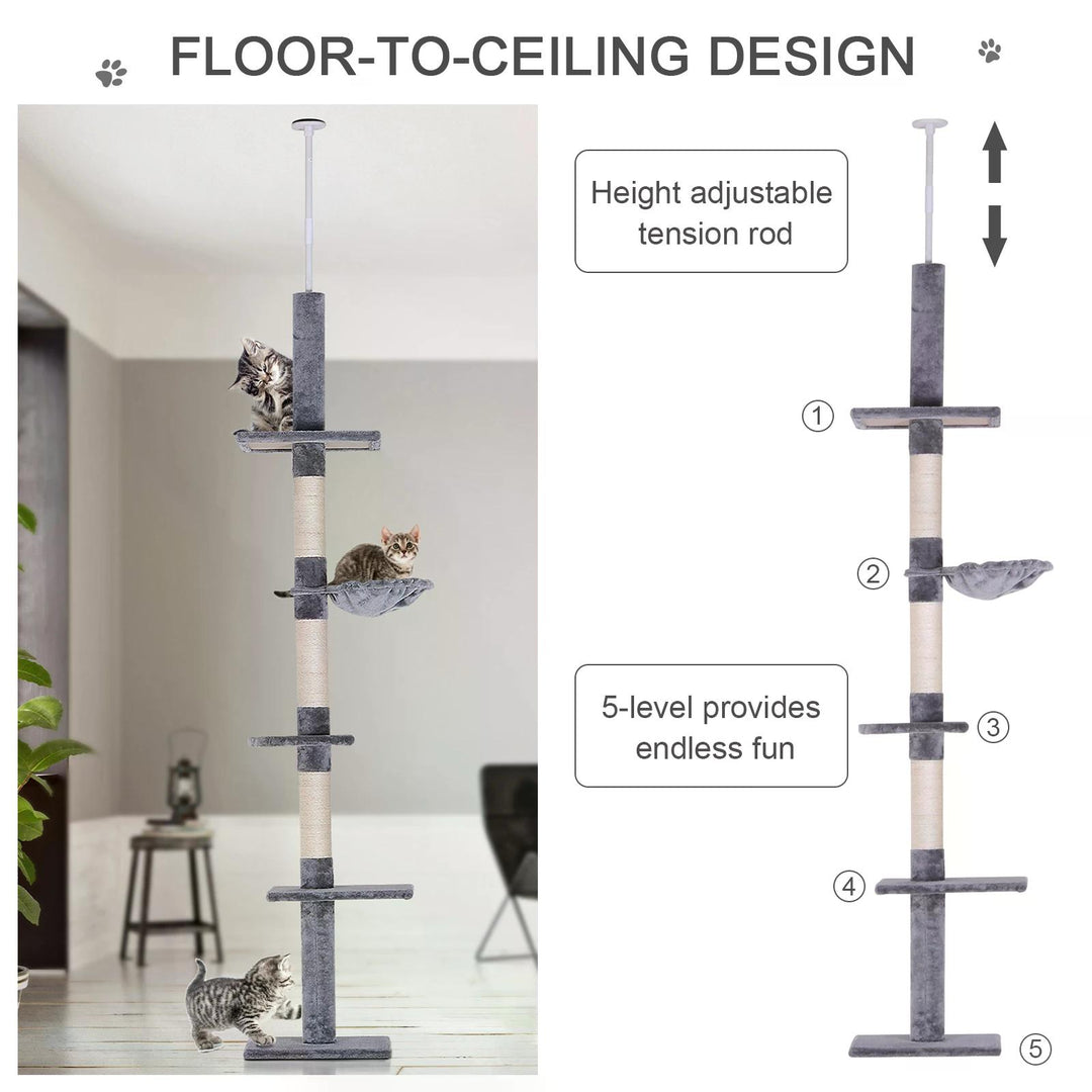 PawHut Cats Floor to Ceiling Scratching Post w/ 5-Tier Plush Leisure Platforms Grey | Aosom UK