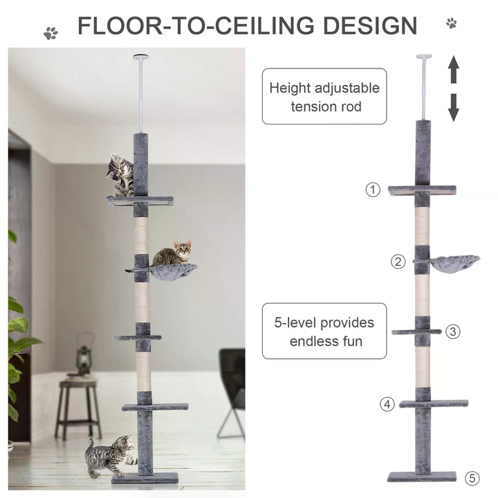 PawHut Cats Floor to Ceiling Scratching Post w/ 5-Tier Plush Leisure Platforms Grey | Aosom UK