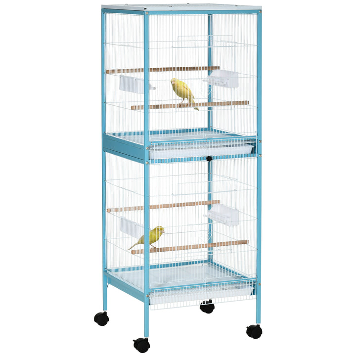 PawHut 2-In-1 Large Bird Cage Aviary, Mobile, Slide-out Trays, Wooden Perch, Feeding Bowls, for Finches Canaries Budgies, Sky Blue | Aosom UK