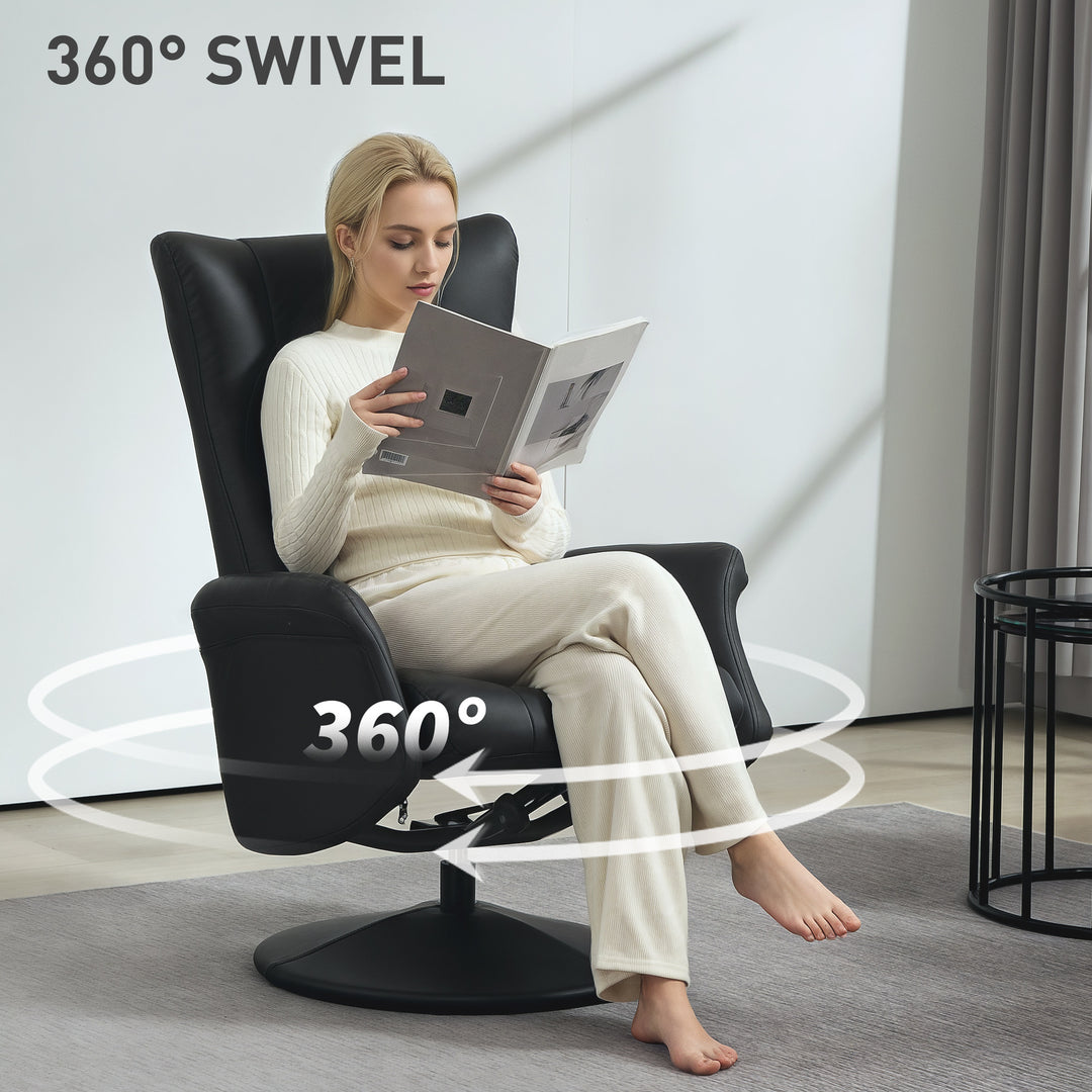 Swivel Recliner Chair with Footstool, PU Leather Recliner Armchair with Adjustable Back and Steel Frame, Reclining Chair Lounge with Flared Armrests for Living Room, Black