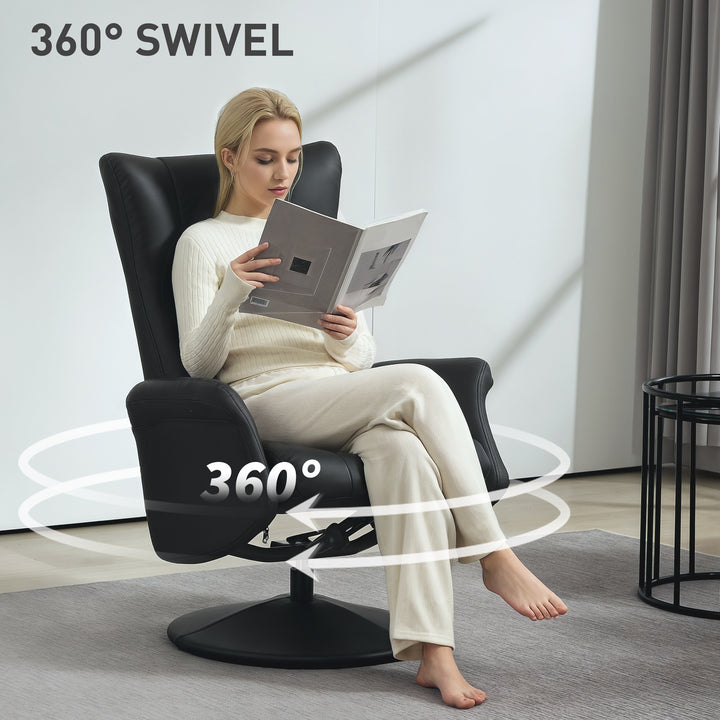 Swivel Recliner Chair with Footstool, PU Leather Recliner Armchair with Adjustable Back and Steel Frame, Reclining Chair Lounge with Flared Armrests for Living Room, Black