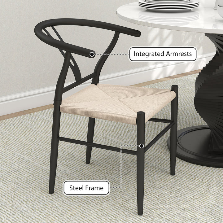 Set of Two Weave Dining Chairs with Y-Shaped Backrest Hemp Seat - Black/Beige